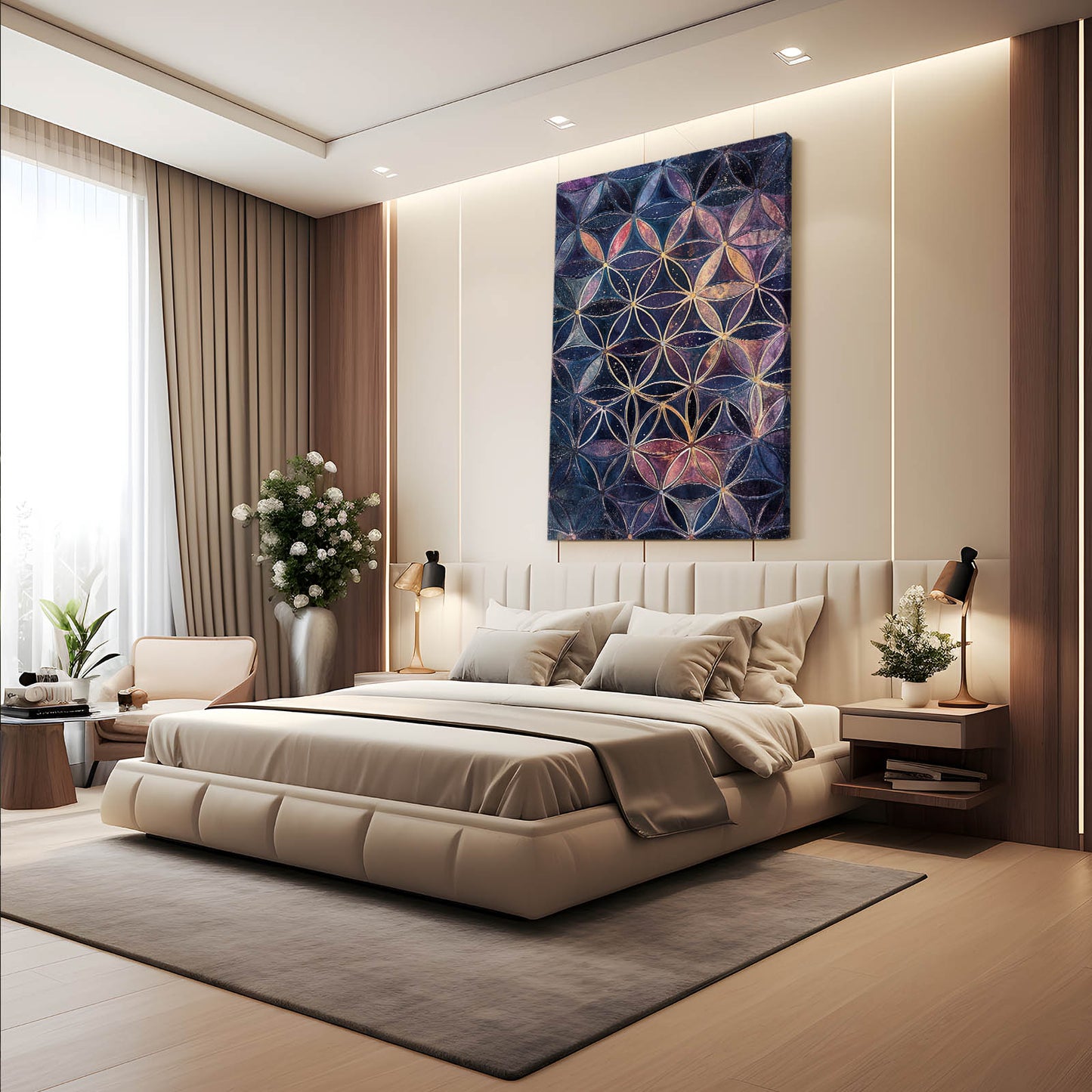 Muted Violet Lattice Flower Of Life Art – styled in a furnished interior