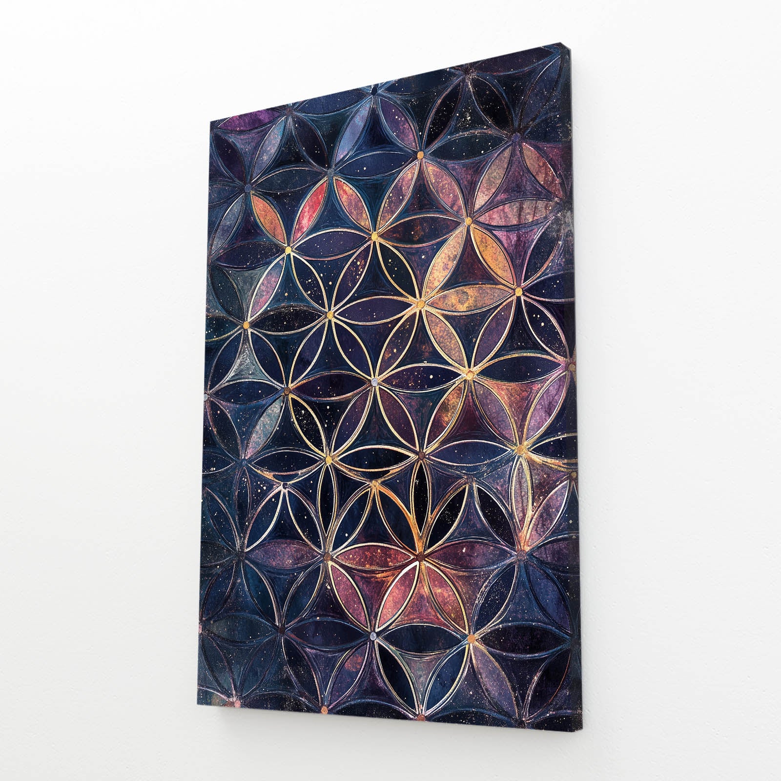 Muted Violet Lattice Flower Of Life Art – angled canvas view on white background