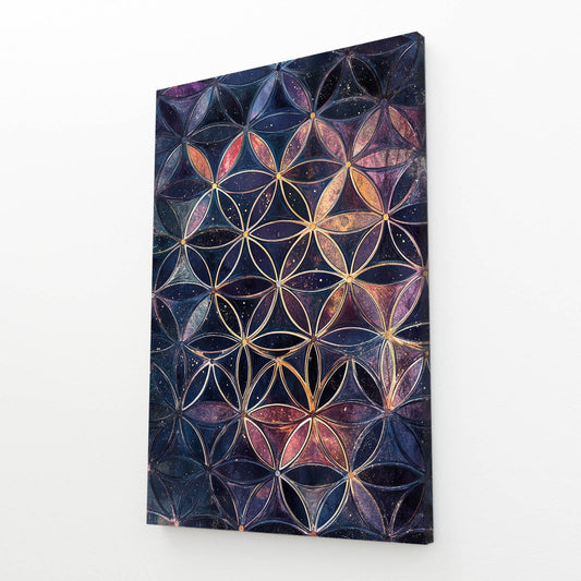 Muted Violet Lattice Flower Of Life Art – angled canvas view on white background