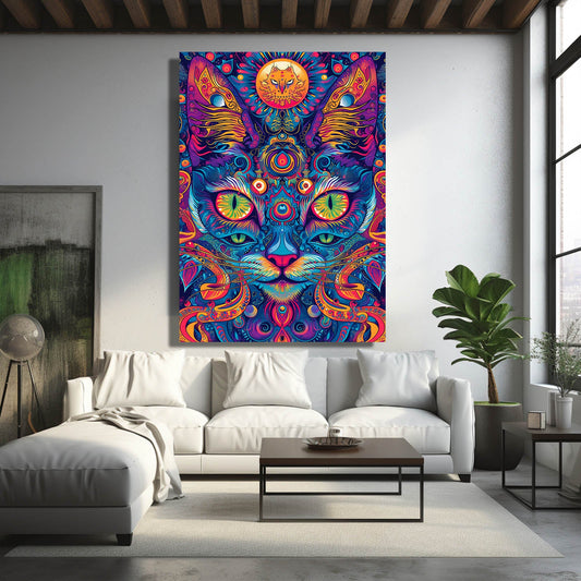 Mystic Cat Mandala Art — psychedelic canvas print in blue tones, view 3