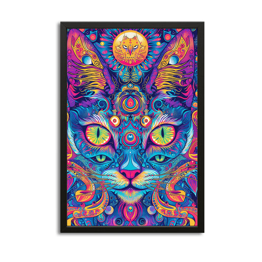 Mystic Cat Mandala Art — psychedelic canvas print in blue tones, with Premium Black frame on white background
