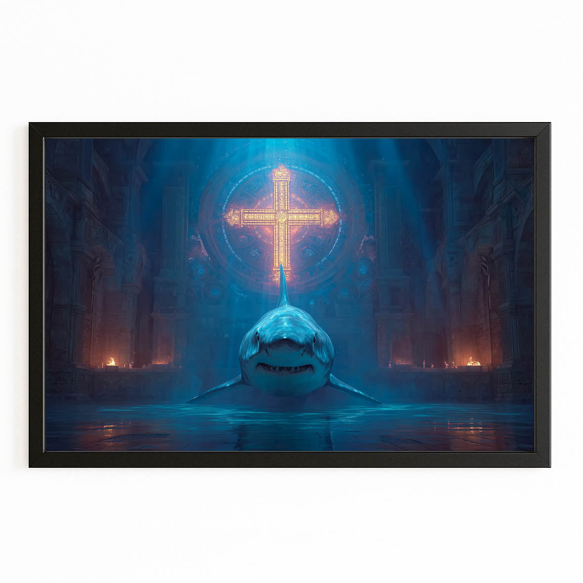 Mystic Glow Sanctuary Shark Wall Decor – with Premium Black frame on white background