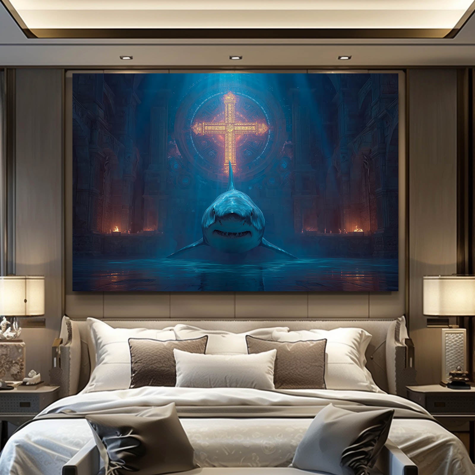 Mystic Glow Sanctuary Shark Wall Decor – styled in a furnished interior
