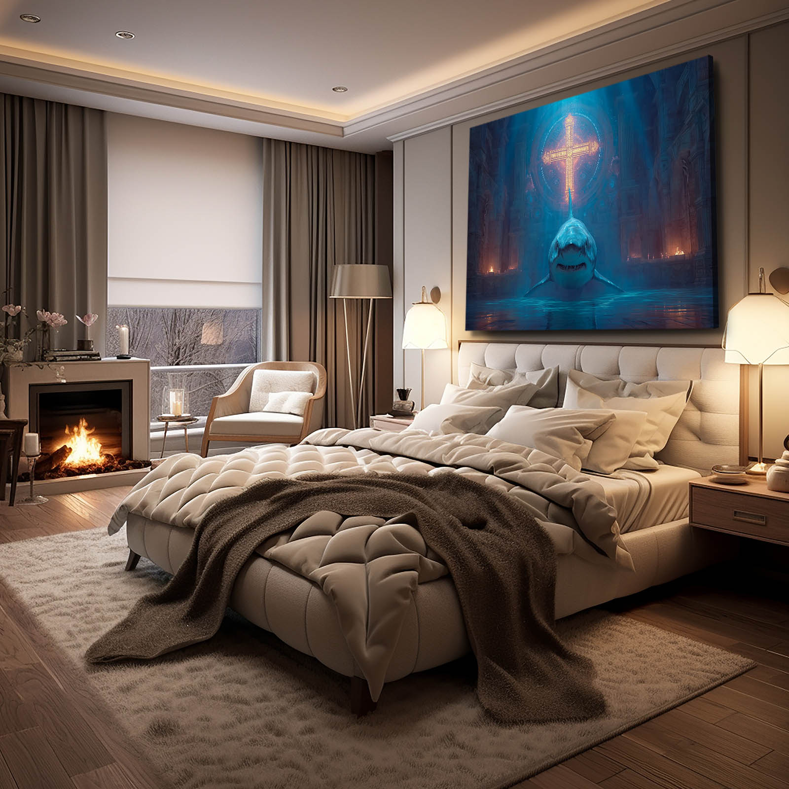 Mystic Glow Sanctuary Shark Wall Decor – styled in a furnished interior