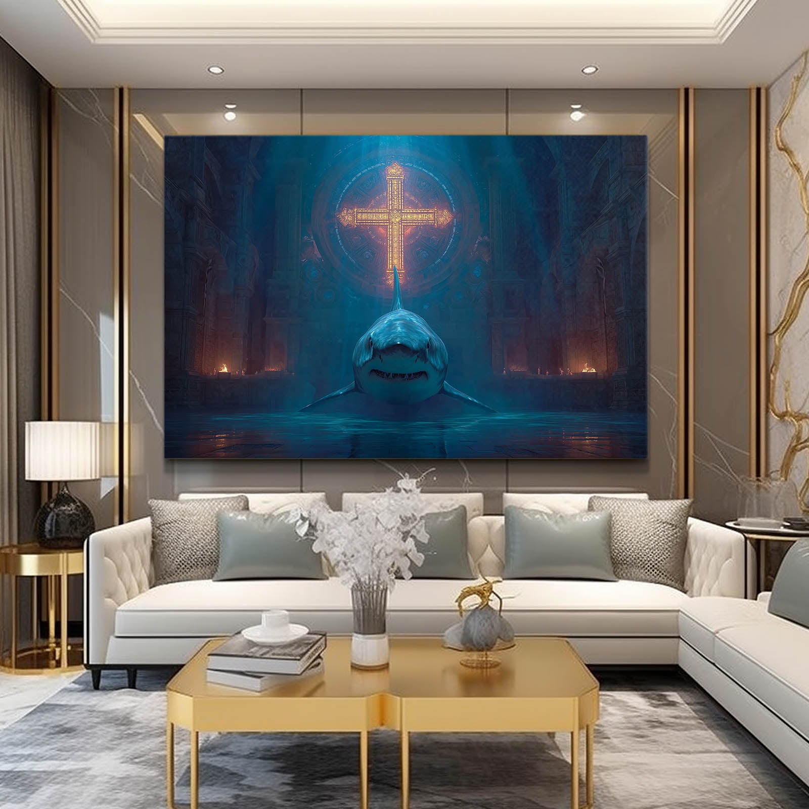 Mystic Glow Sanctuary Shark Wall Decor – styled in a furnished interior