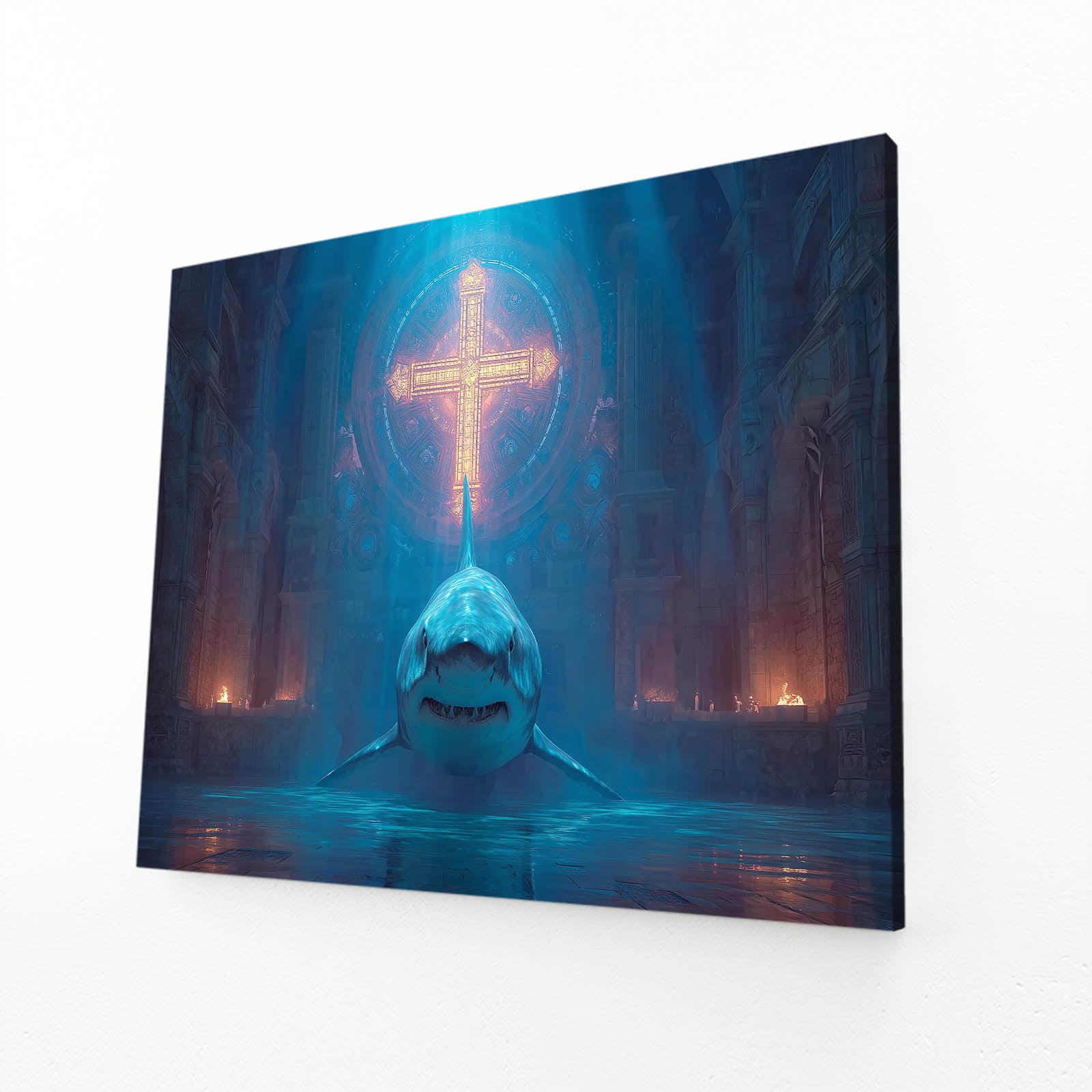Mystic Glow Sanctuary Shark Wall Decor – angled canvas view on white background