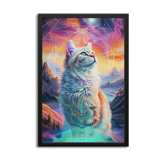 Mystic Horizon Cat Art — digital canvas print in blue tones, with Premium Black frame on white background