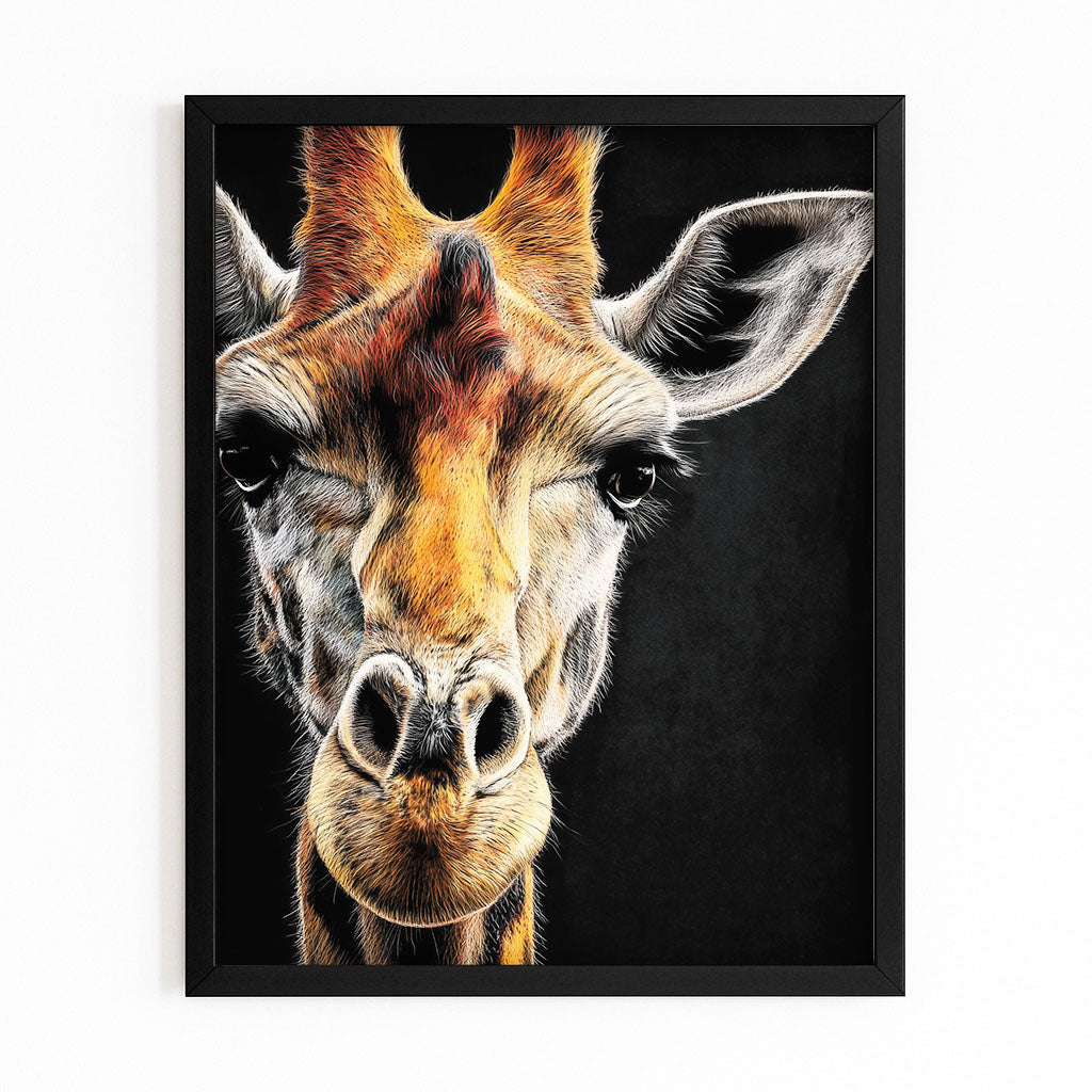 Framed artwork of a giraffe's face on a black background