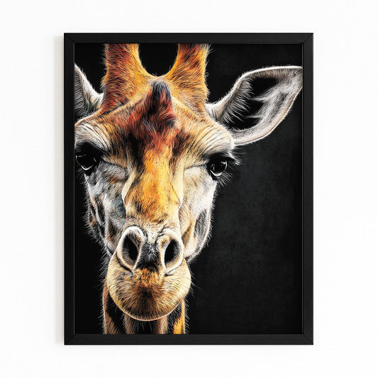 Framed artwork of a giraffe's face on a black background