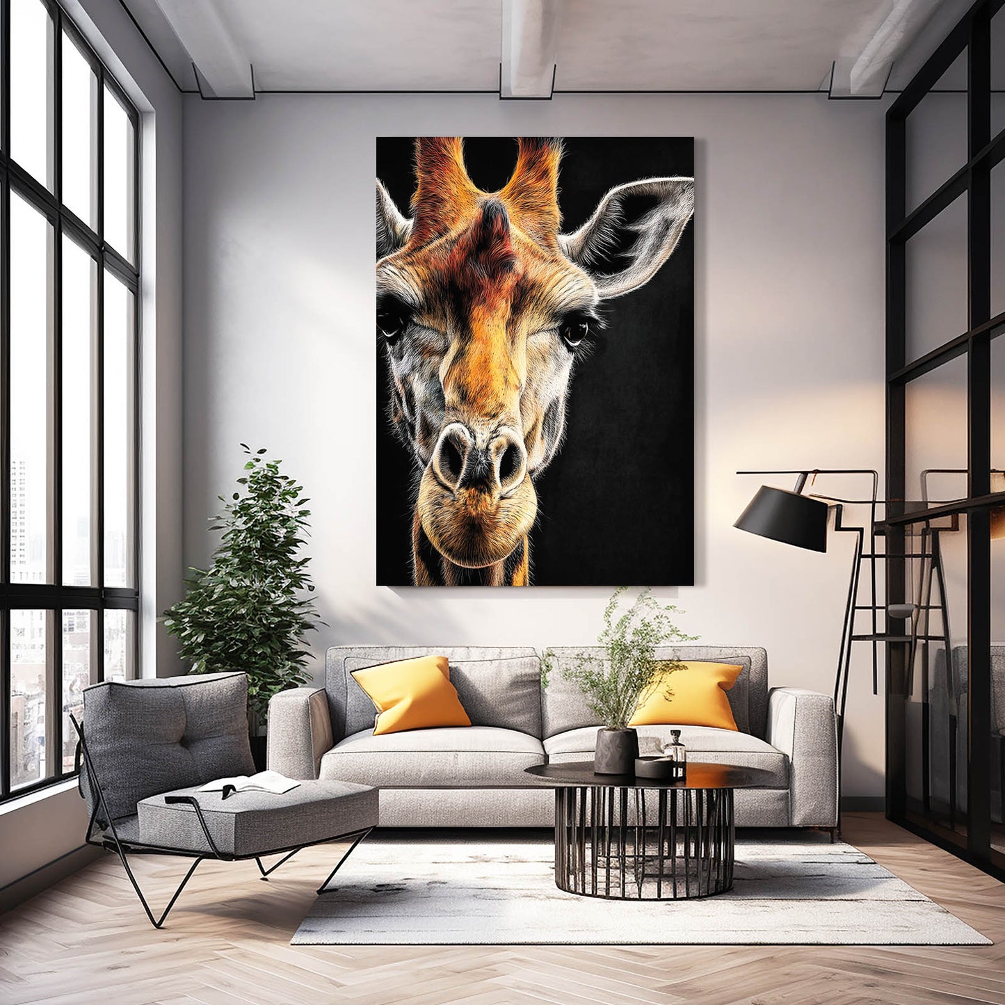Living room with a large giraffe painting on the wall