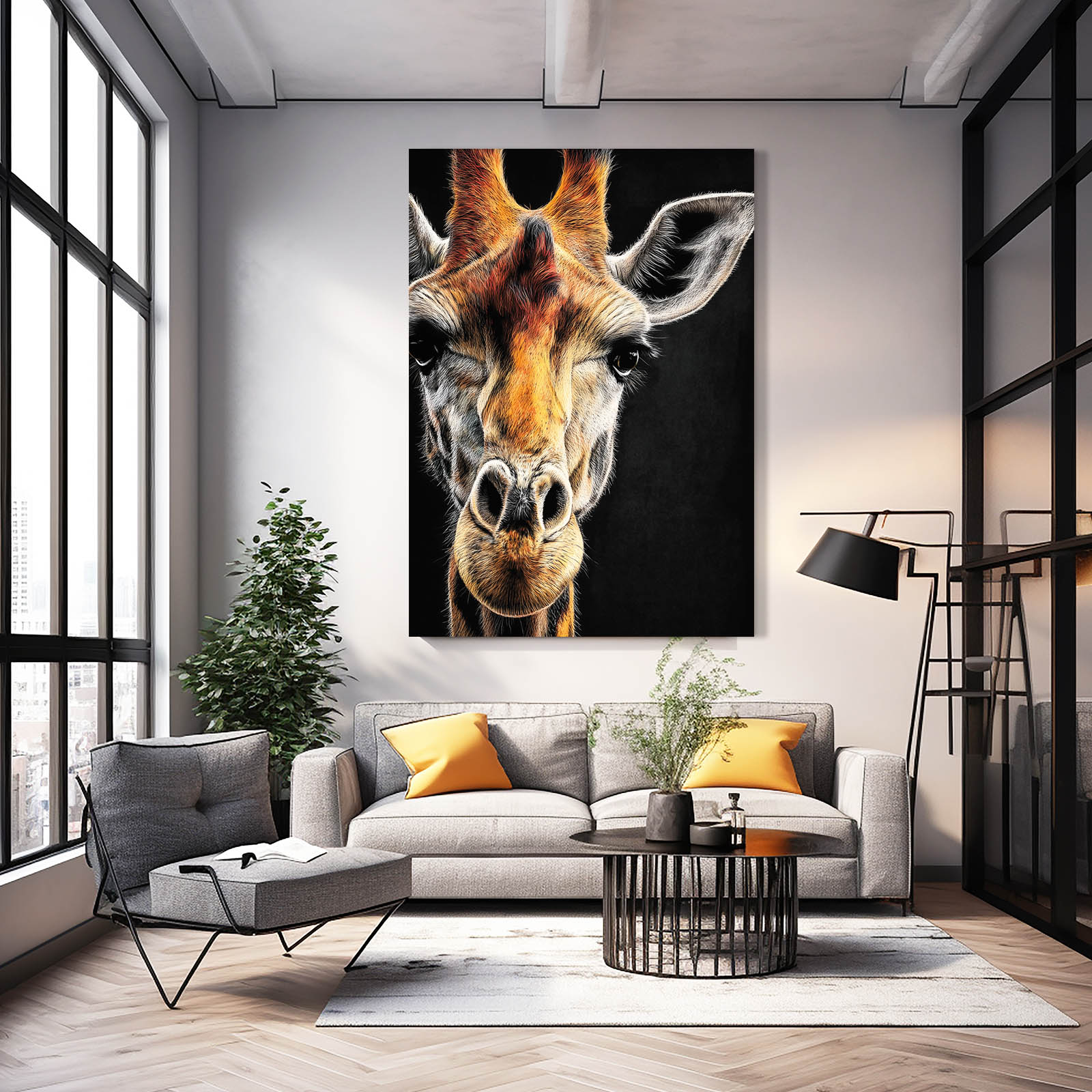 Living room with a large giraffe painting on the wall