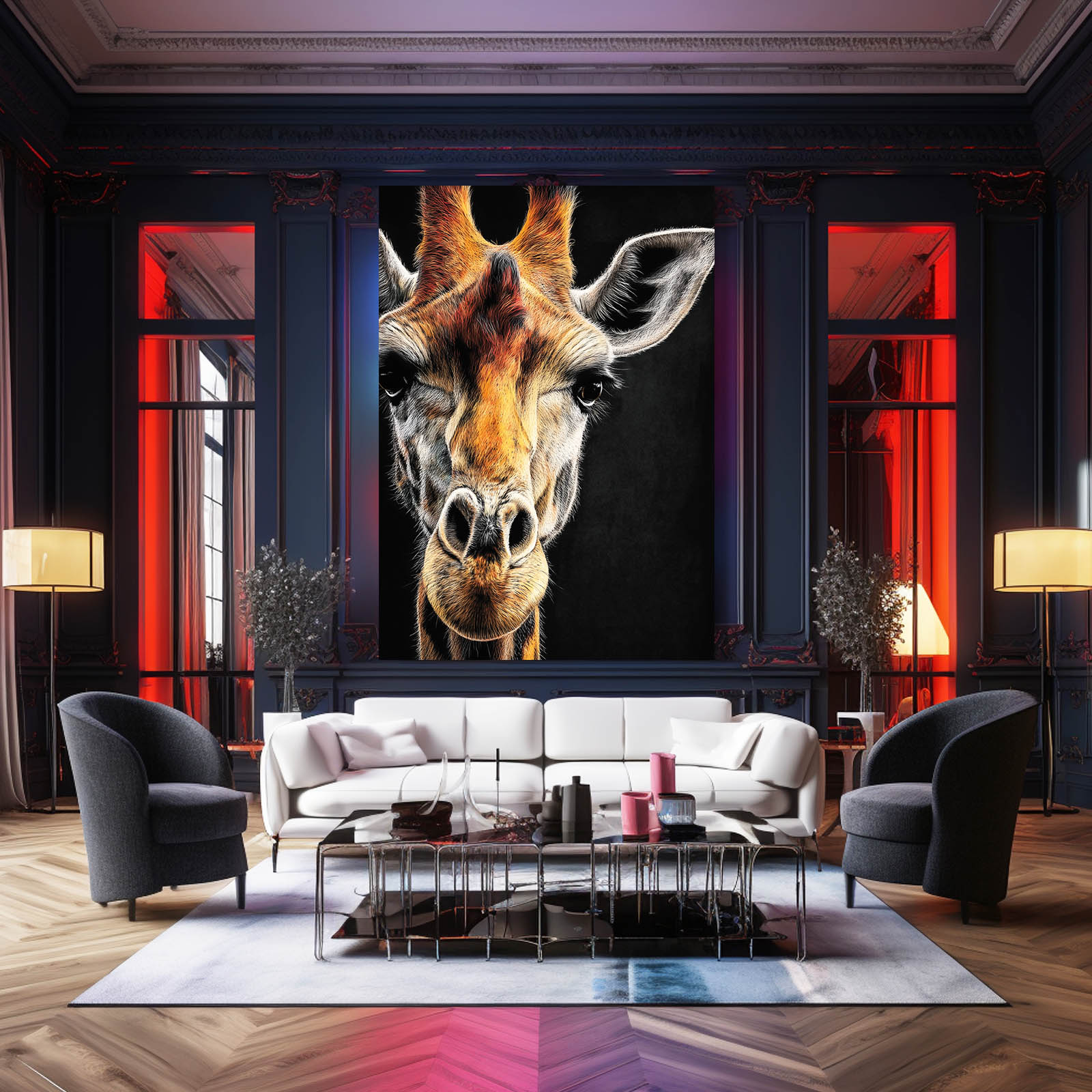 Living room with a large giraffe painting on the wall