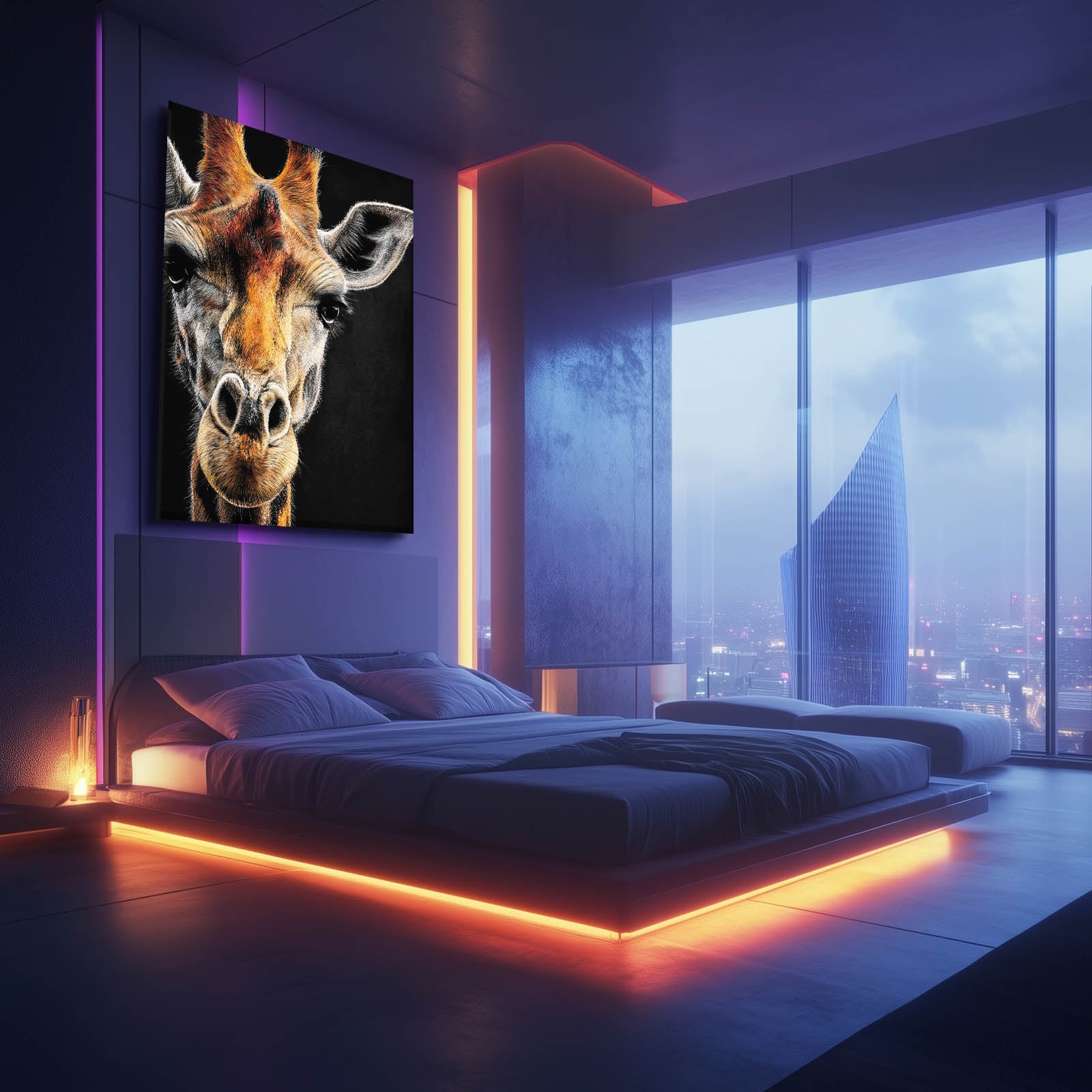 Modern bedroom with a large giraffe painting on the wall and cityscape view.