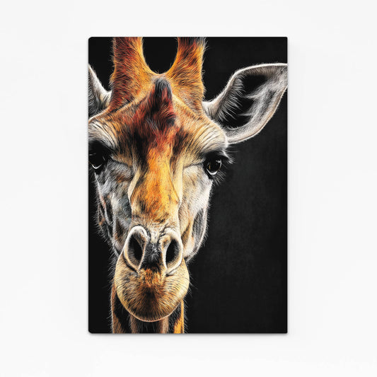 Canvas print of a giraffe's face on a black background