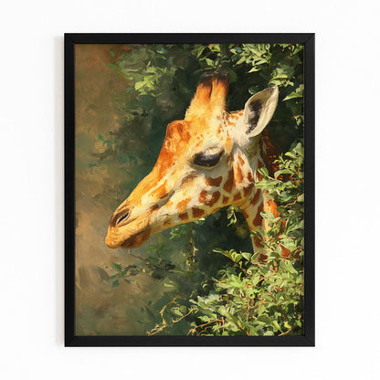 Framed painting of a giraffe amidst green foliage