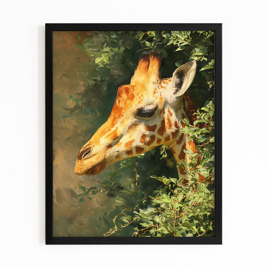 Framed painting of a giraffe amidst green foliage