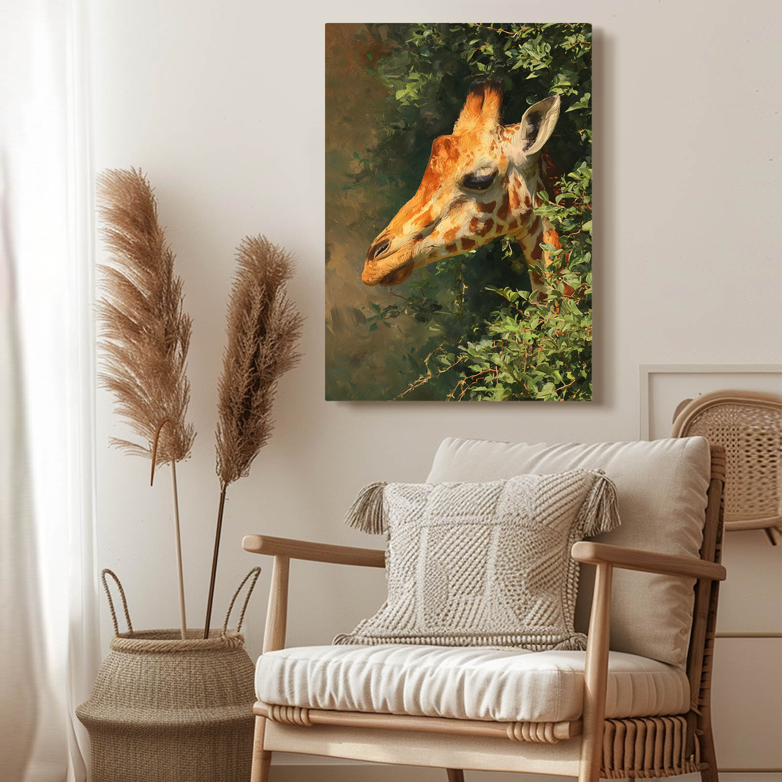 Giraffe painting on a wall above a chair with decorative pillows.