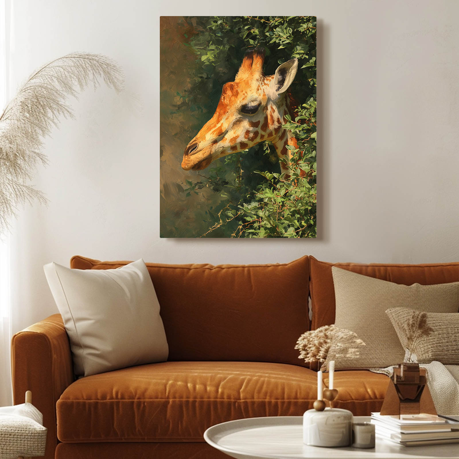 Giraffe painting above a brown sofa in a living room