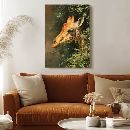 Giraffe painting above a brown sofa in a living room