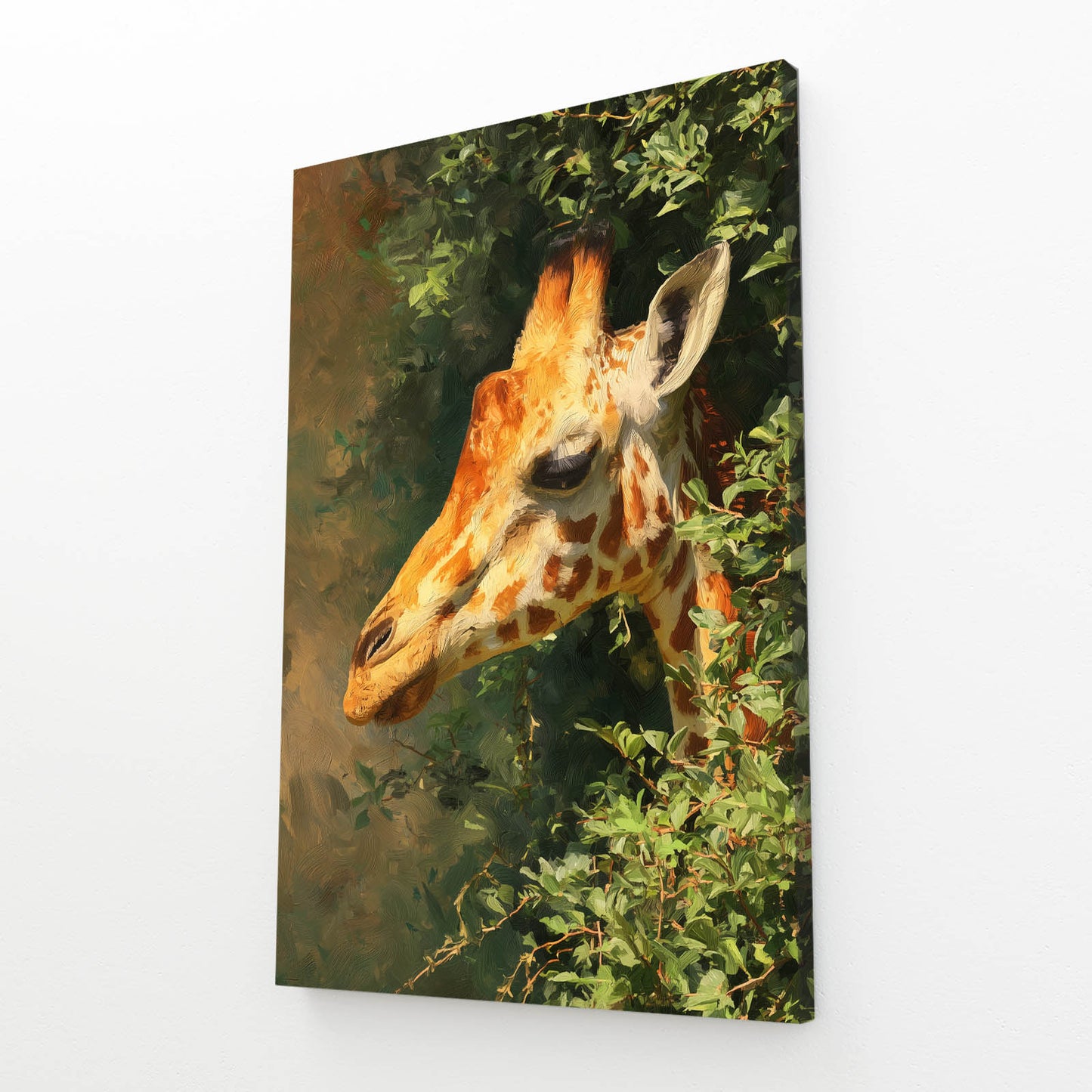 Canvas print of a giraffe peeking through foliage on a white background
