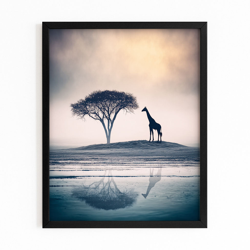 Framed artwork of a giraffe silhouette against a tree with a reflective water surface.