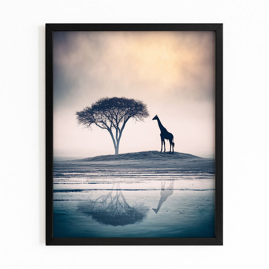 Framed artwork of a giraffe silhouette against a tree with a reflective water surface.