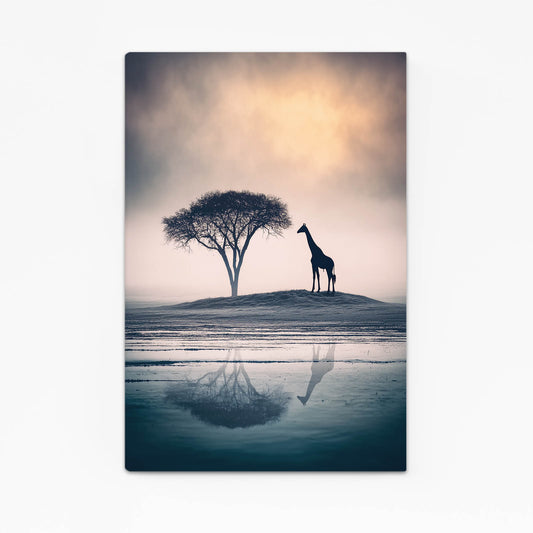 Giraffe standing next to a tree with reflection on water