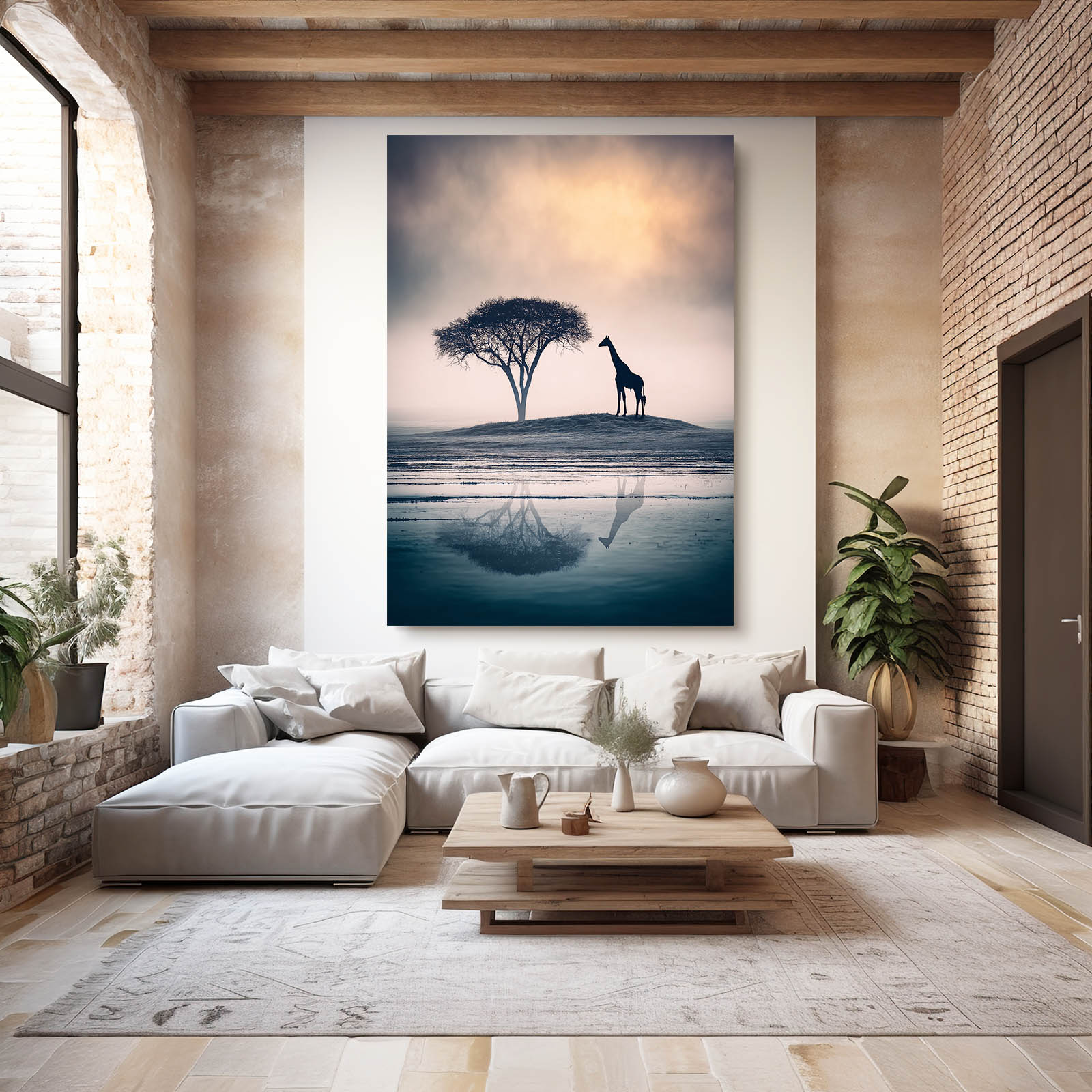 Living room with a large painting of a giraffe and tree on the wall above a white sofa.