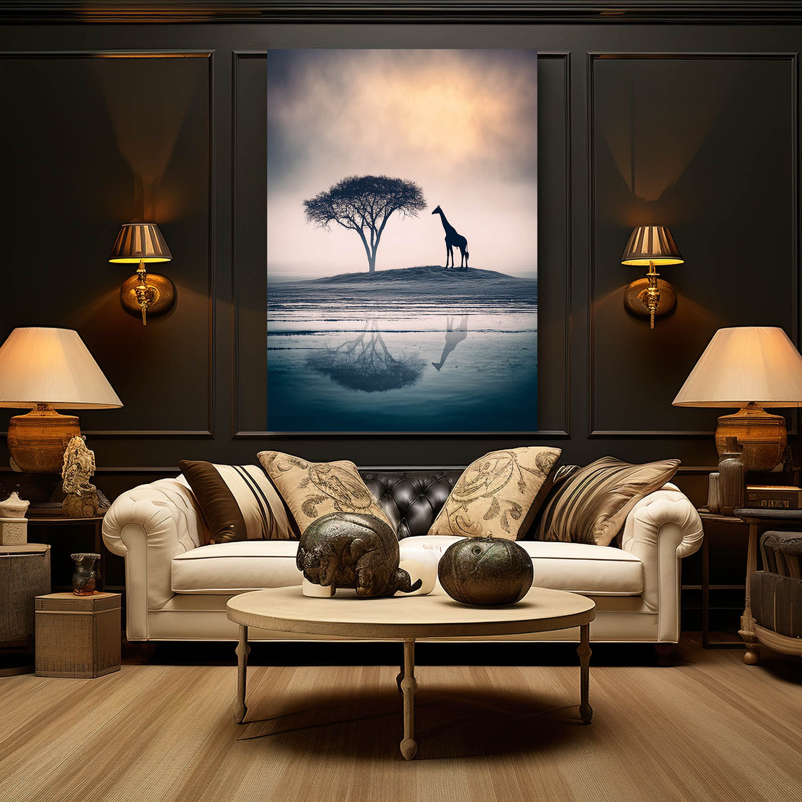 Living room with a large painting of a giraffe and tree, white sofa, and decorative items.