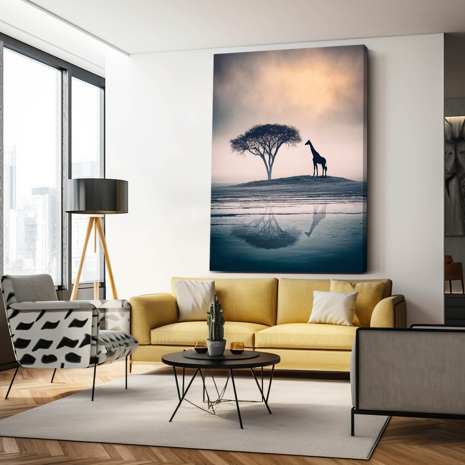 Modern living room with a yellow sofa, armchair, and a large wall art of a giraffe and tree.