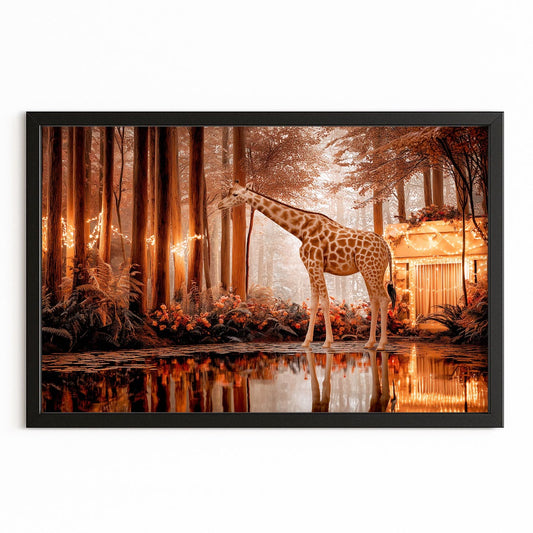 Giraffe standing in a forest with a warm, glowing ambiance