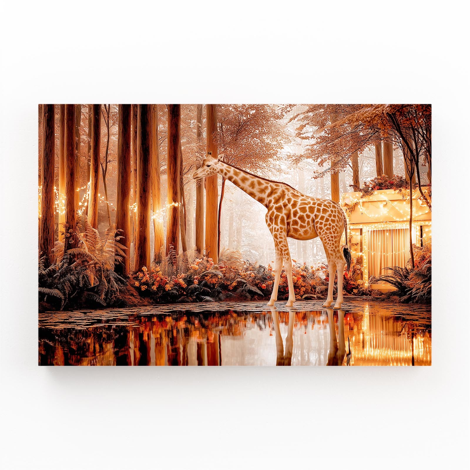 Giraffe standing in a forest with a warm, glowing light