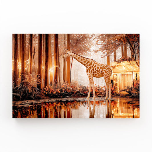 Giraffe standing in a forest with a warm, glowing light