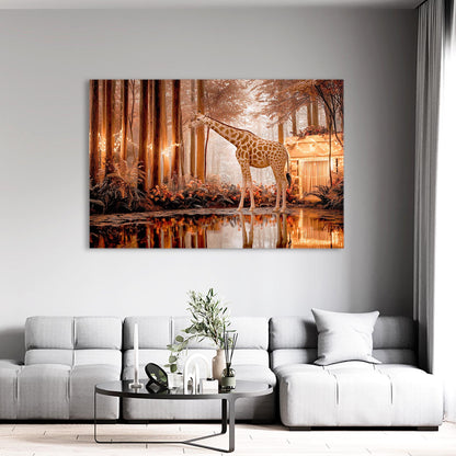 Giraffe painting on a wall above a modern living room setup with a sofa and coffee table.
