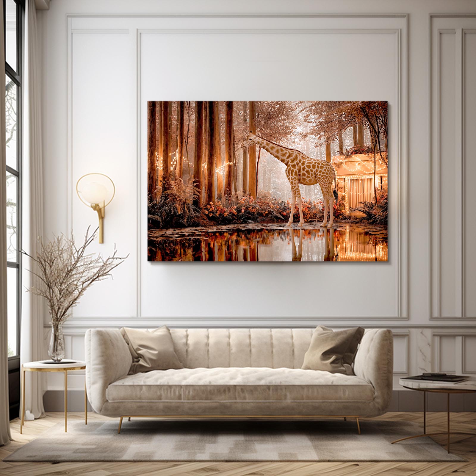 Framed artwork of a giraffe in a forest scene above a beige sofa in a living room.