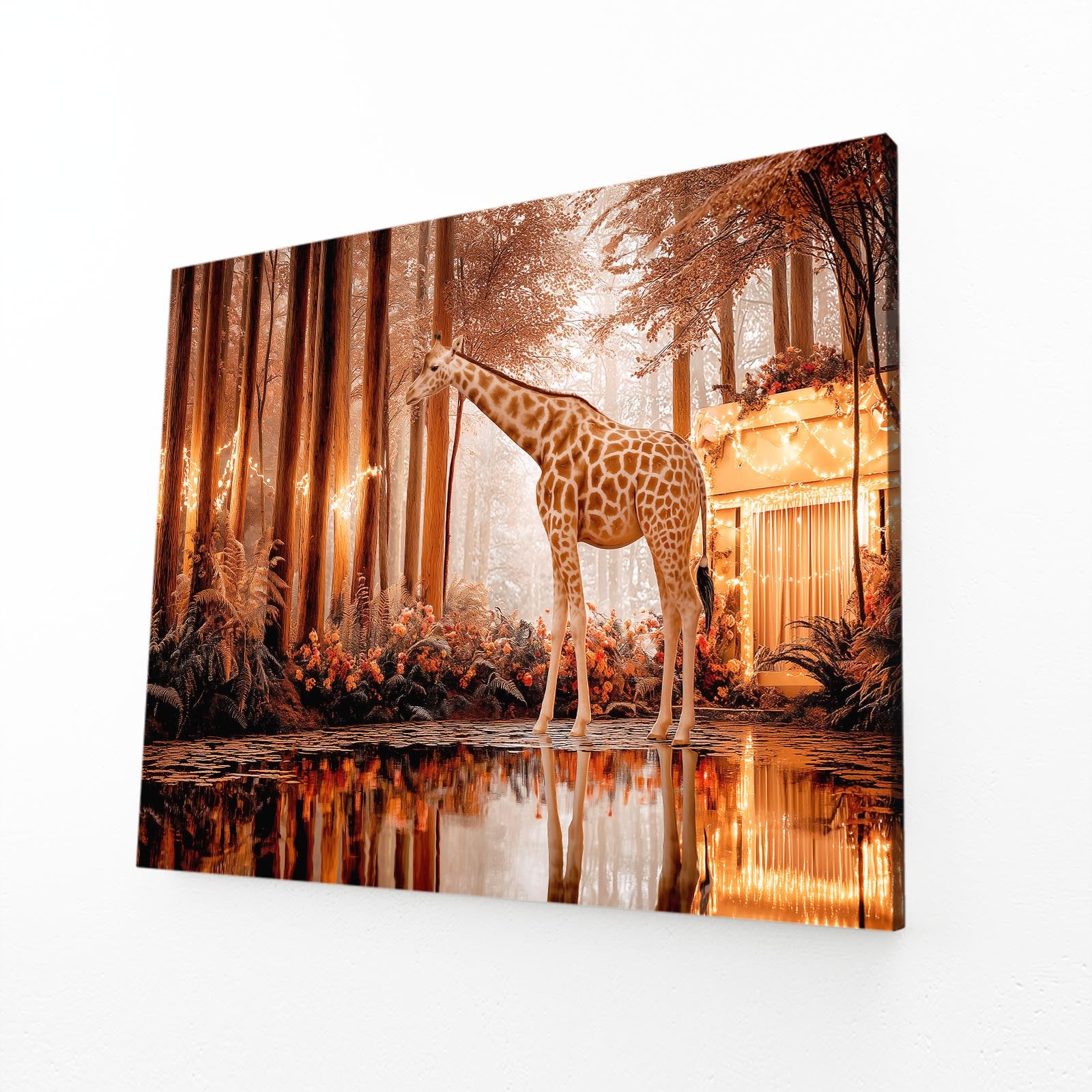 Giraffe standing in a forest with a waterfall and reflection on water
