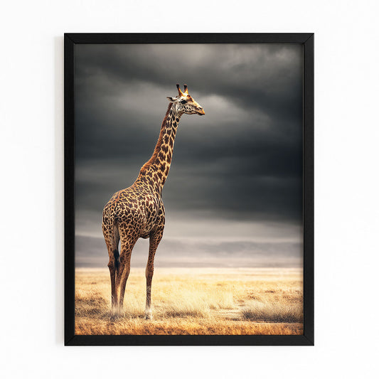 Framed artwork of a giraffe standing in a field with a dark sky.
