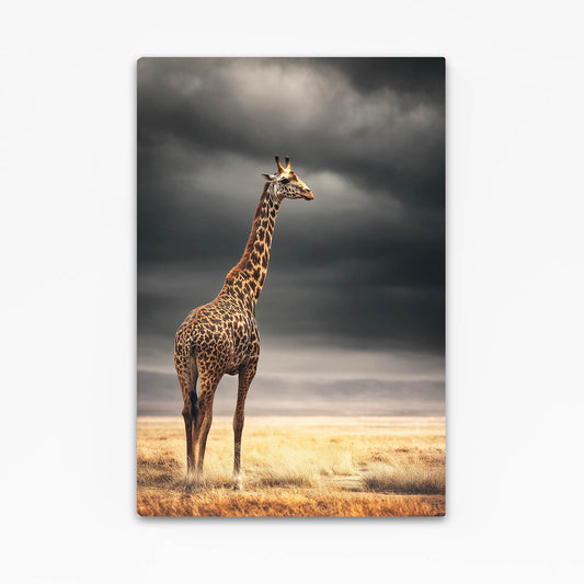 Giraffe standing in a field with a dramatic sky