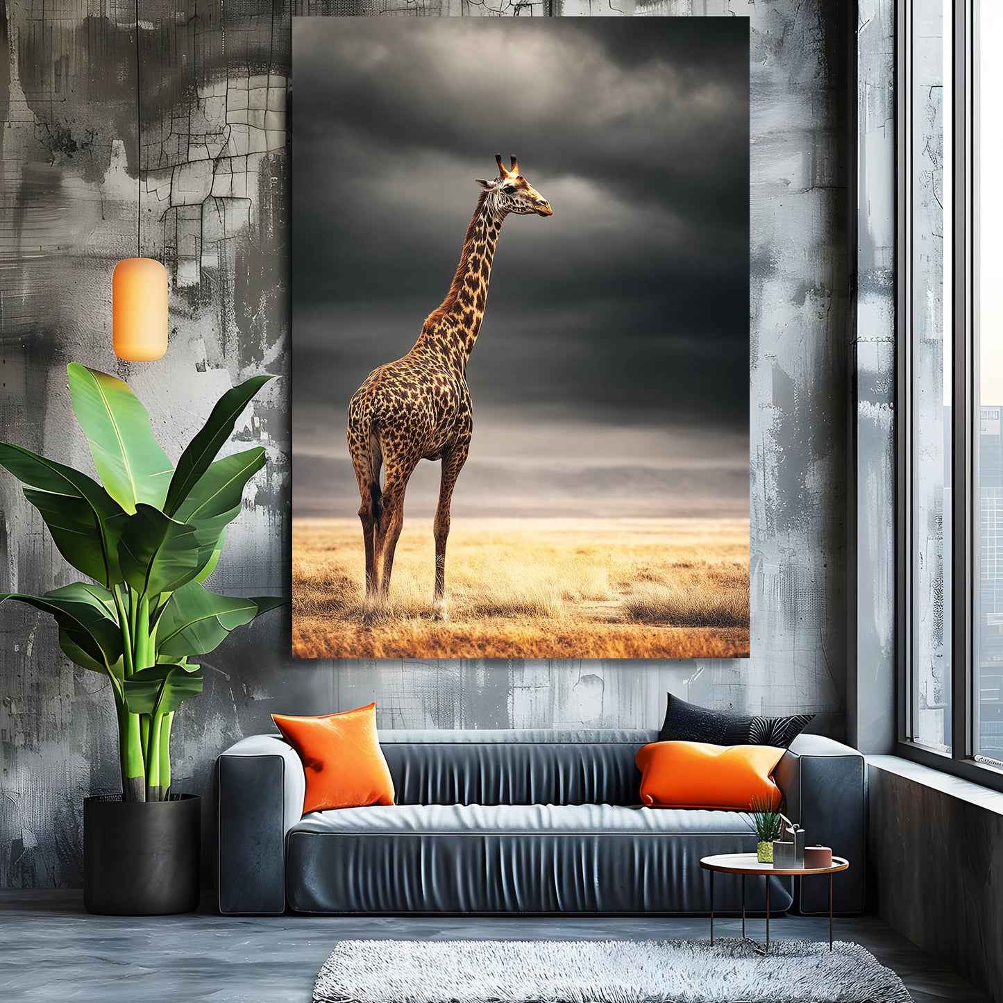 Giraffe painting on a wall above a modern living room with a sofa and decorative items.