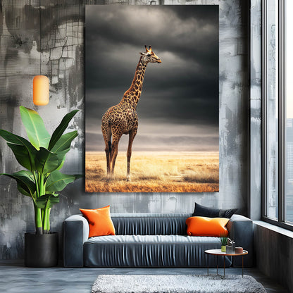 Giraffe painting on a wall above a modern living room with a sofa and decorative items.