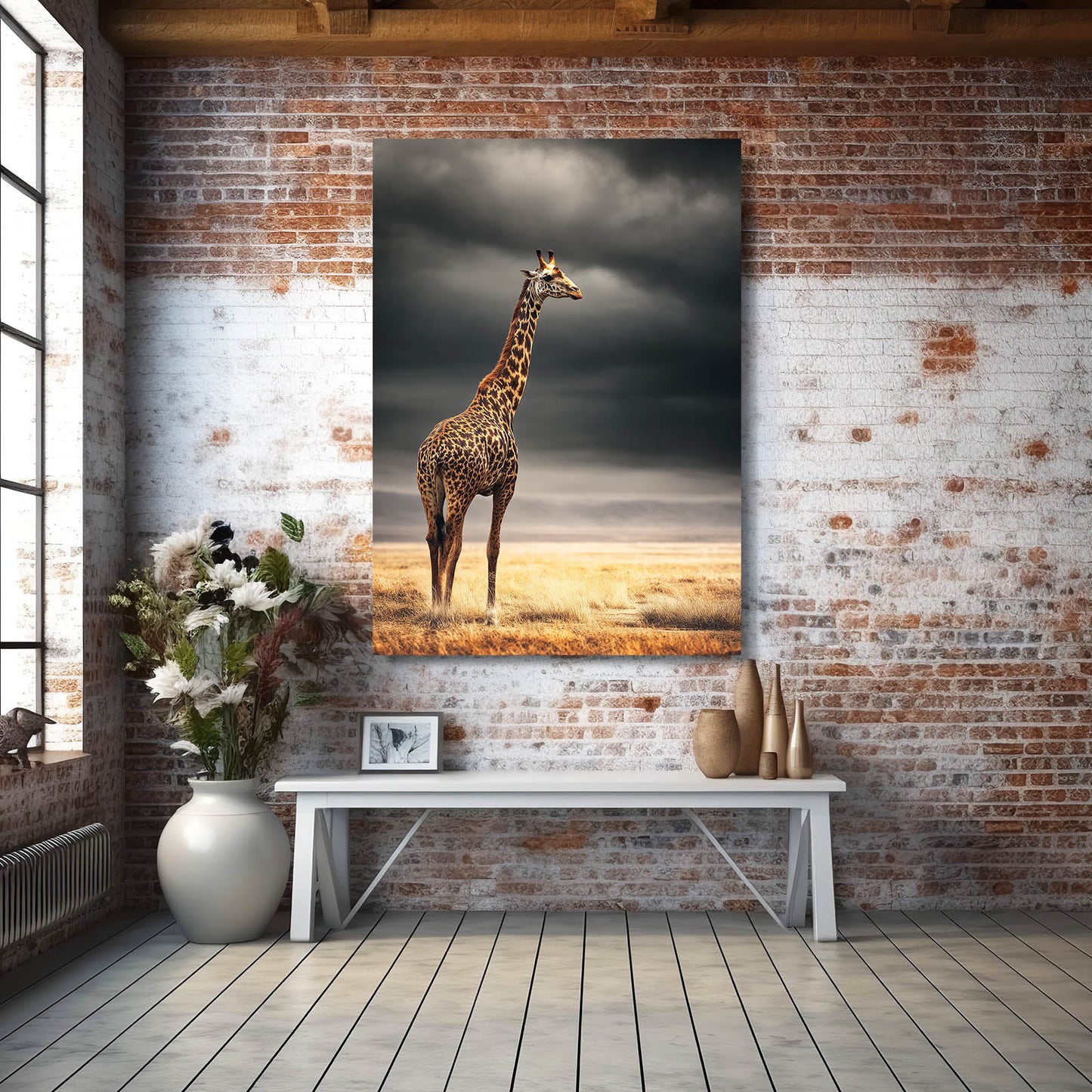 Giraffe painting on a brick wall with decor items below