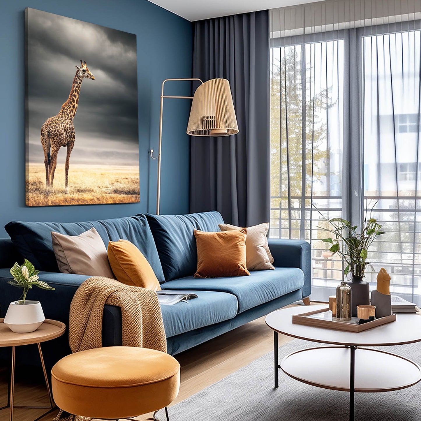 Modern living room with blue sofa, orange pouf, and large window.