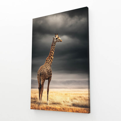 Giraffe standing in a field with a dramatic sky