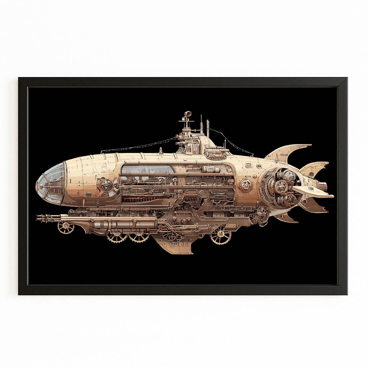 Nautilus Steam Submarine Steampunk Art – with Premium Black frame on white background