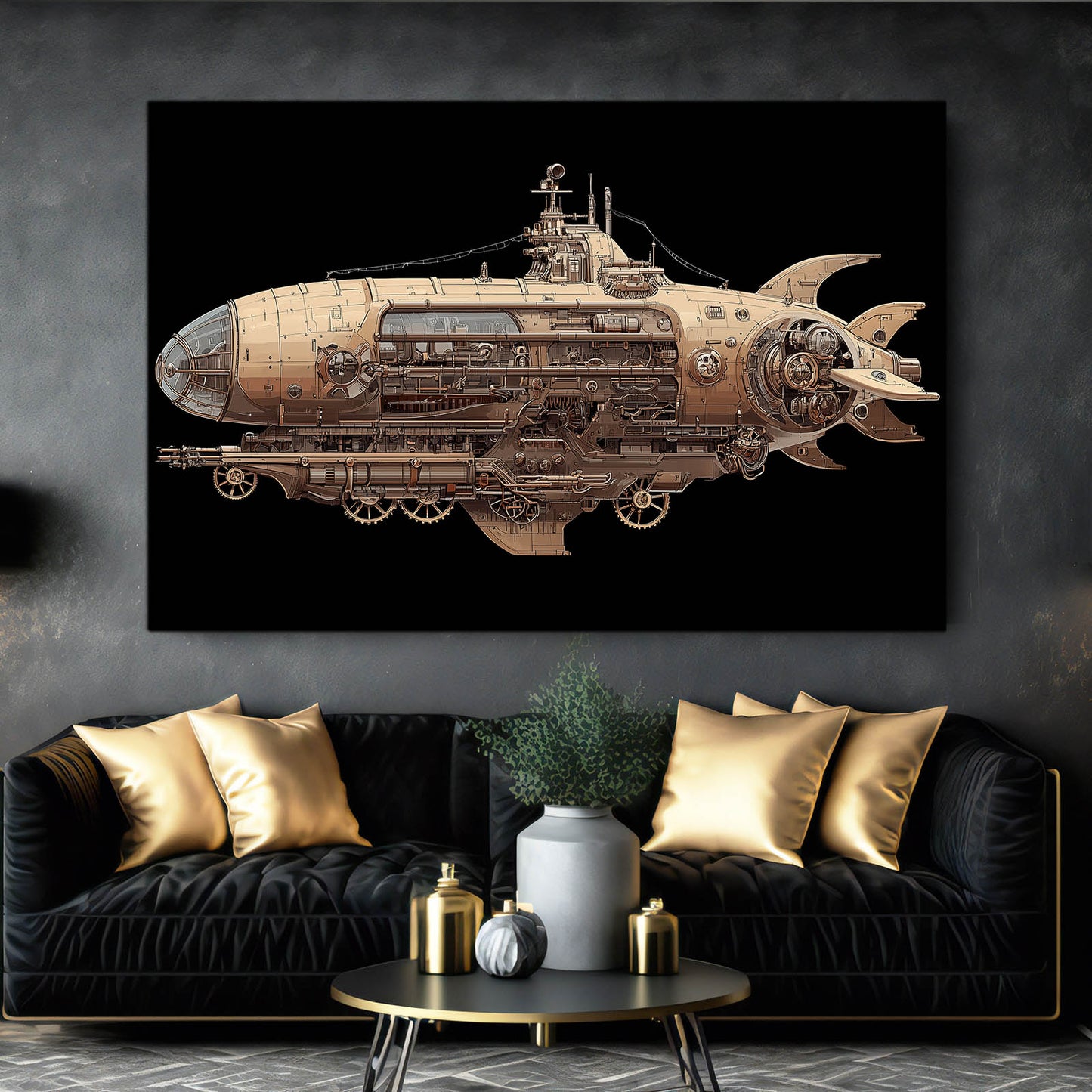 Nautilus Steam Submarine Steampunk Art – styled in a furnished interior