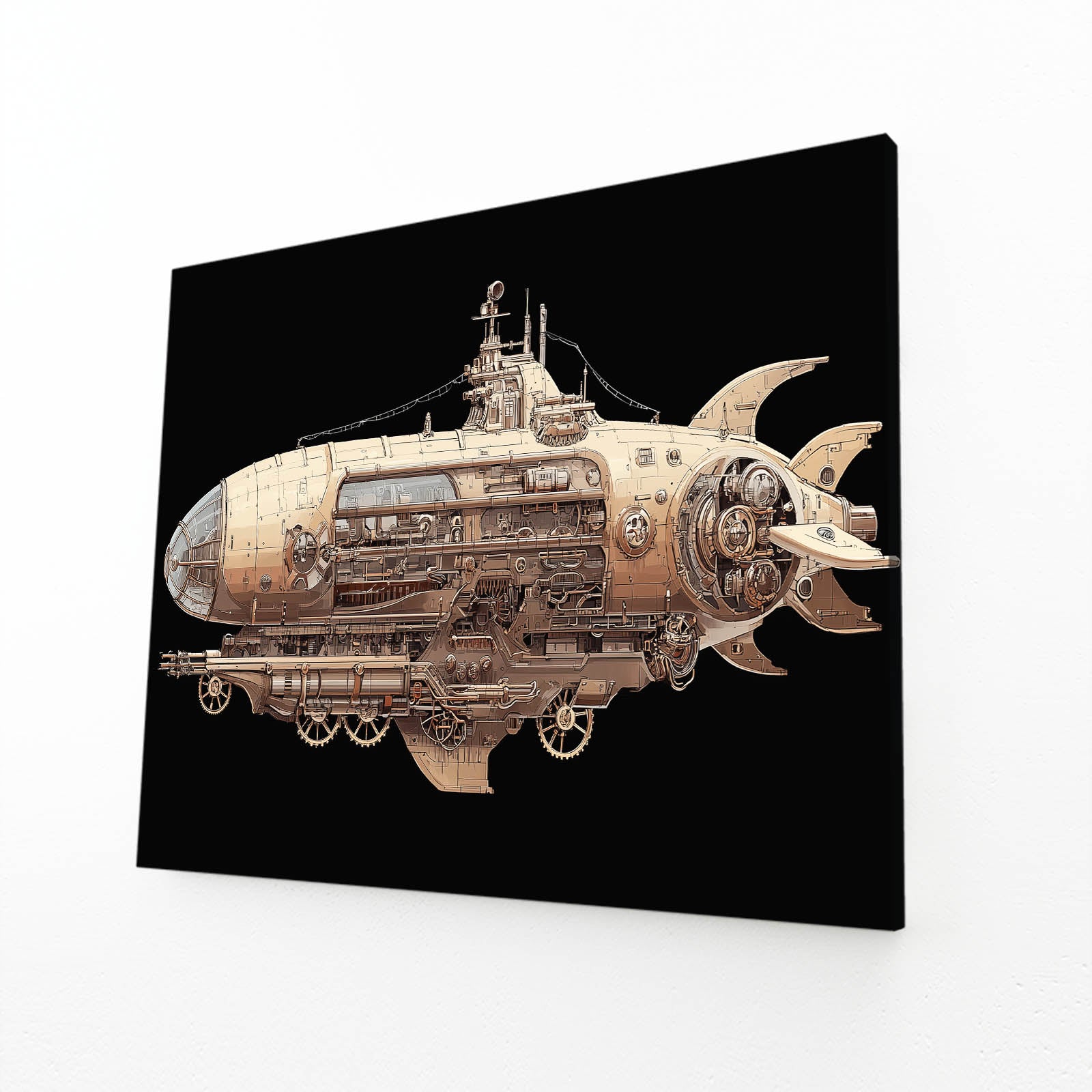 Nautilus Steam Submarine Steampunk Art – angled canvas view on white background