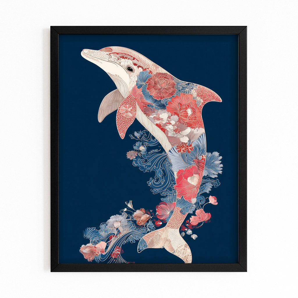 Navy Folk Bloom Dolphin Art – dolphin pair wrapped in red and blue folk florals on a navy background