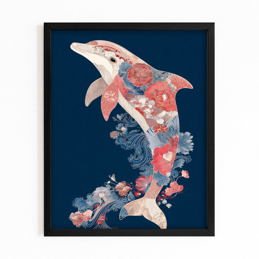 Navy Folk Bloom Dolphin Art – dolphin pair wrapped in red and blue folk florals on a navy background