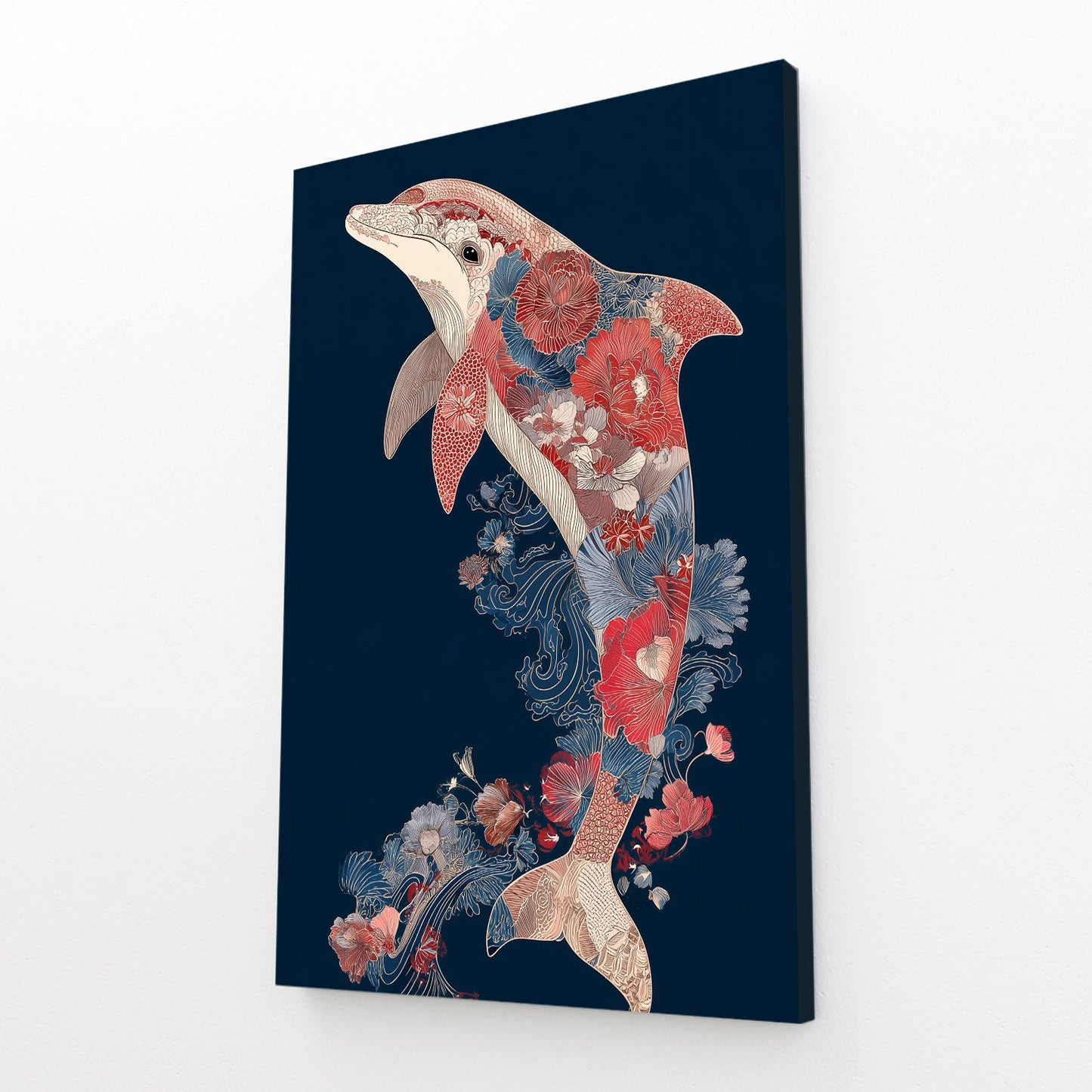 Navy Folk Bloom Dolphin Art – angled canvas view on white background