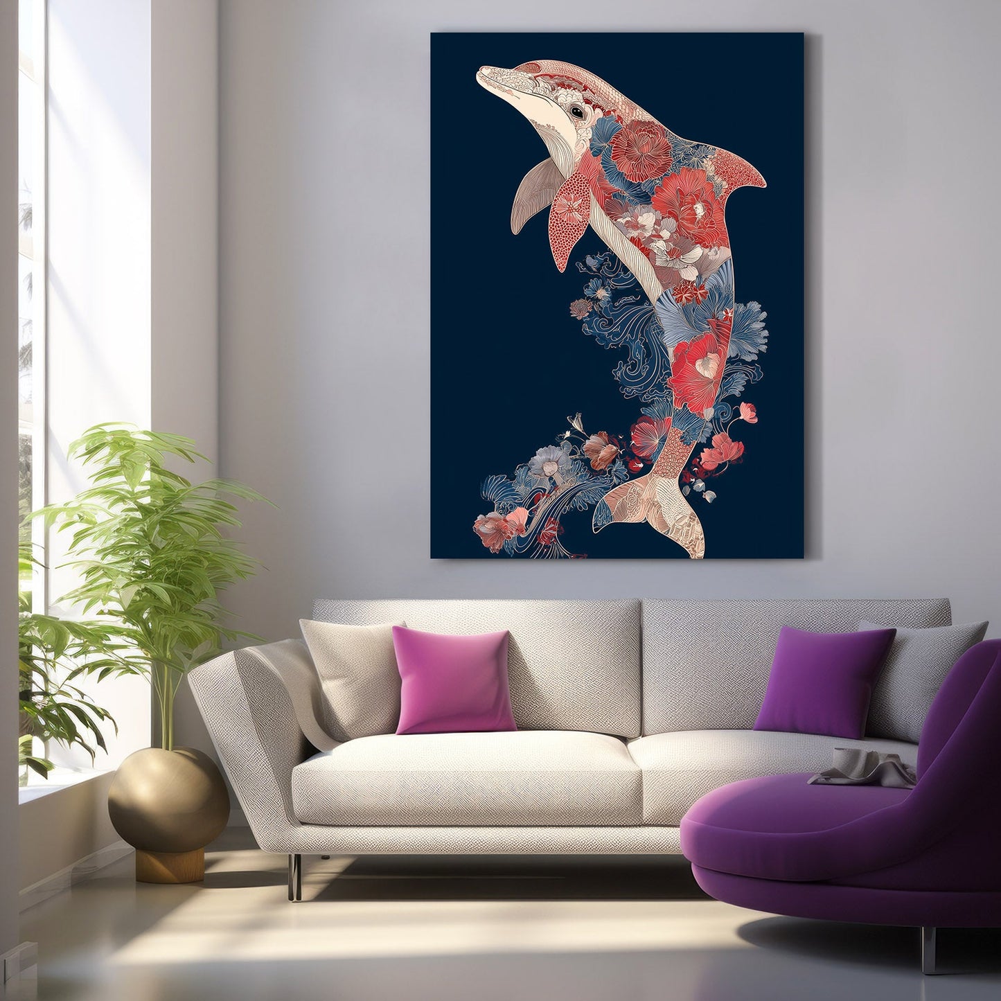 Navy Folk Bloom Dolphin Art – styled in a furnished interior
